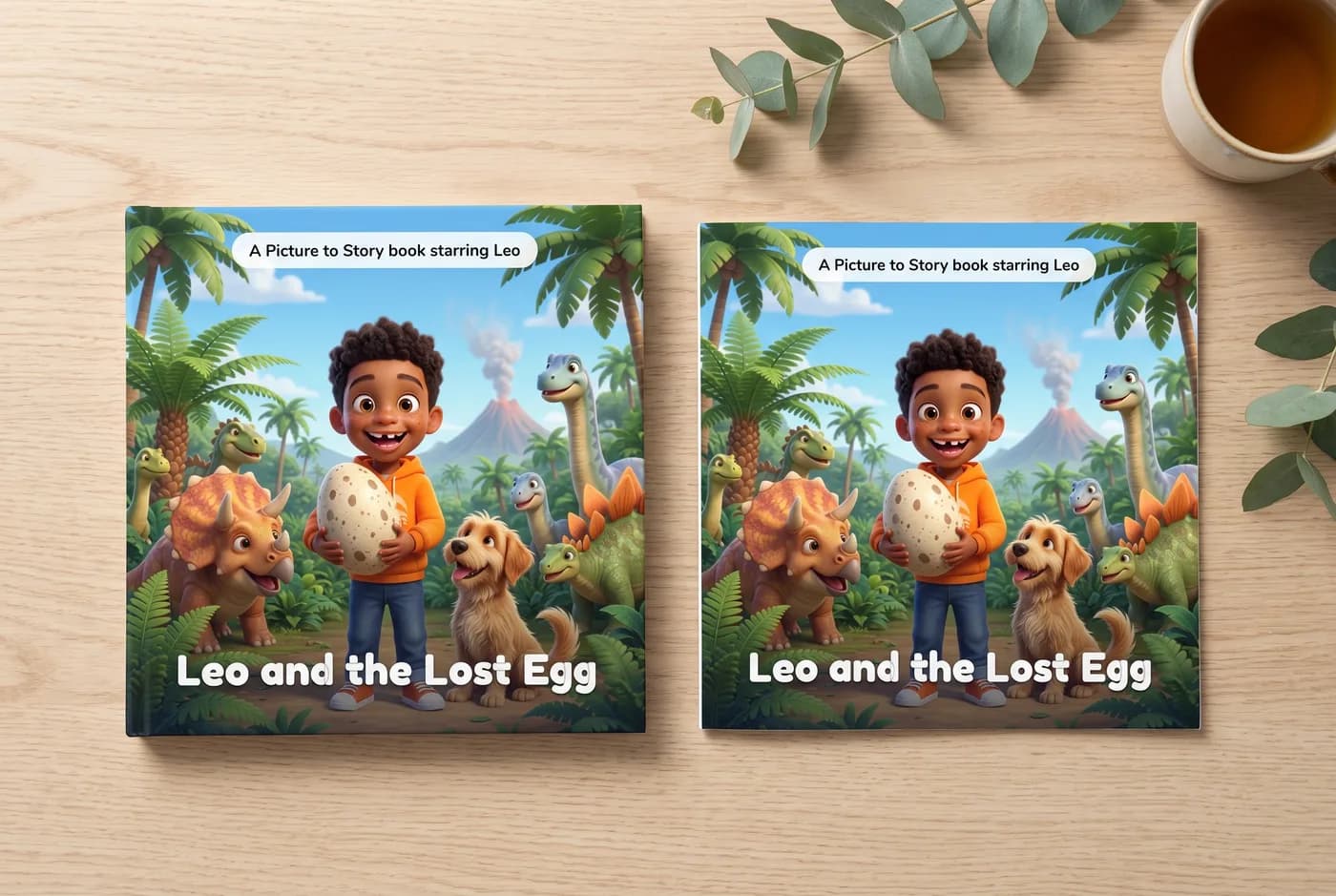 A hardcover and a paperback copy of the same personalised picture book, seen from above