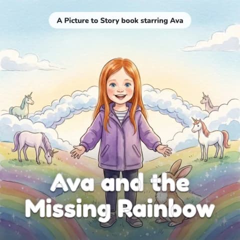 Cover of “Ava and the Missing Rainbow”, a personalised picture book starring Ava