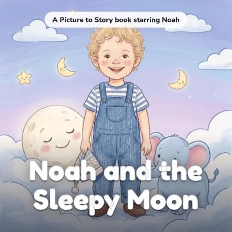 Cover of “Noah and the Sleepy Moon”, a personalised picture book starring Noah